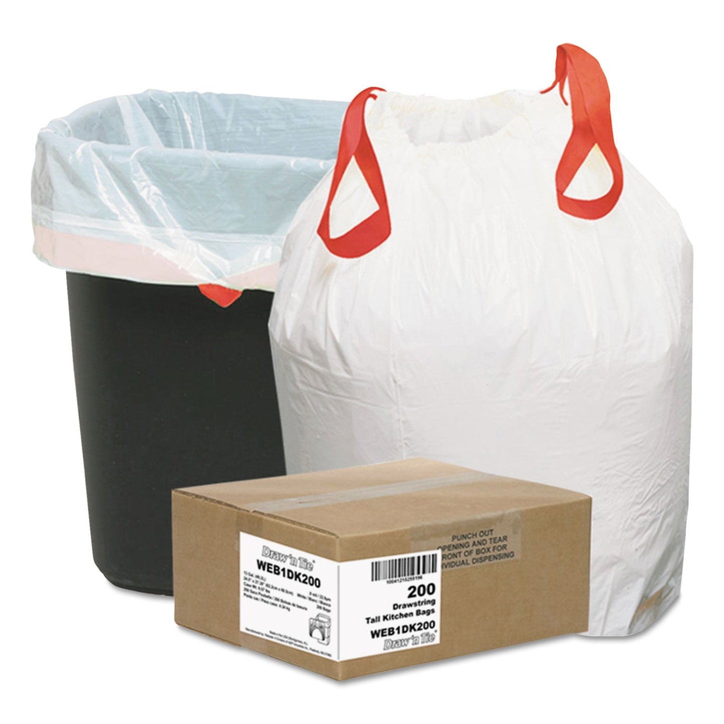 WBI1DK200 Heavy-Duty Trash Bags, Drawstring, 13 gal, 24.5" x 27.38", White, 50 Bags/Roll, 4 Rolls/Box Draw 'n Tie