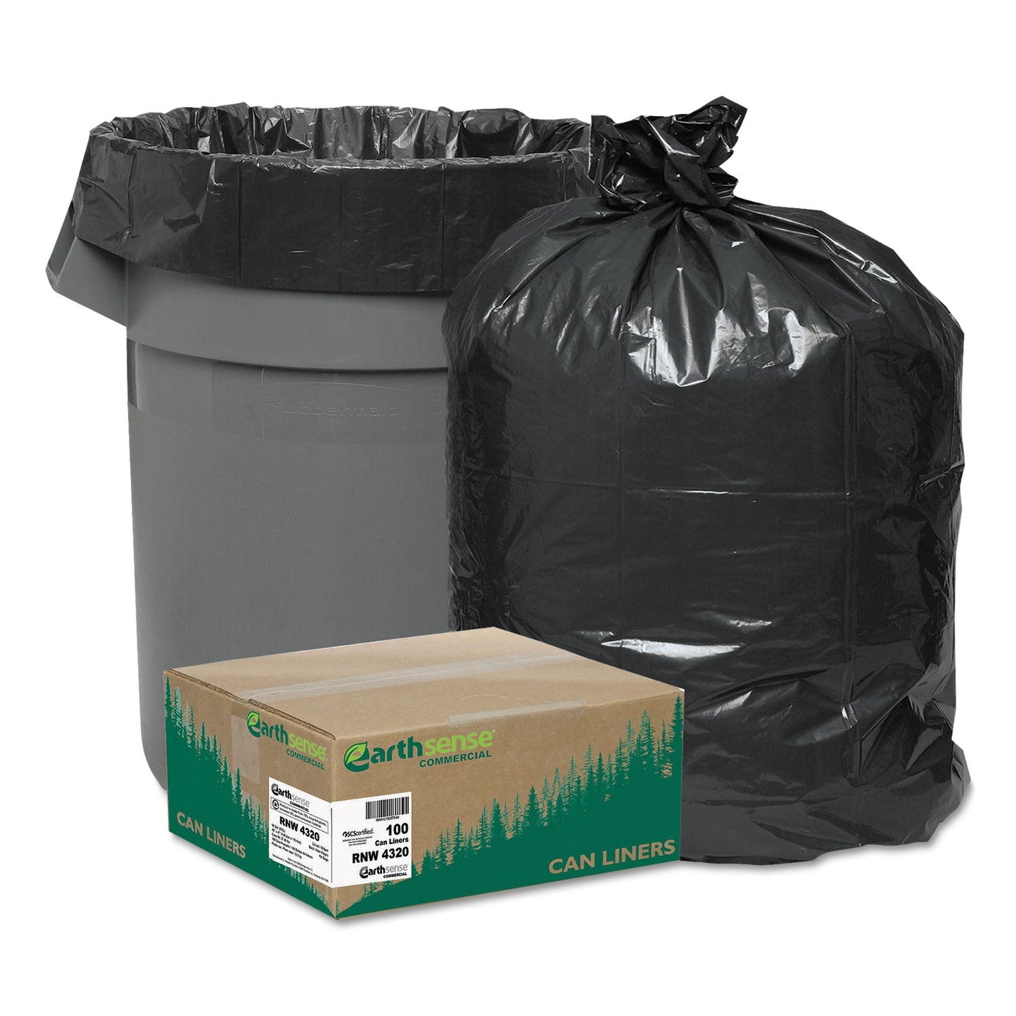 WBIRNW4320 Linear Low Density Recycled Can Liners, 56 gal, 2 mil, 43" x 47", Black, 10 Bags/Roll, 10 Rolls/Carton Earthsense Commercial