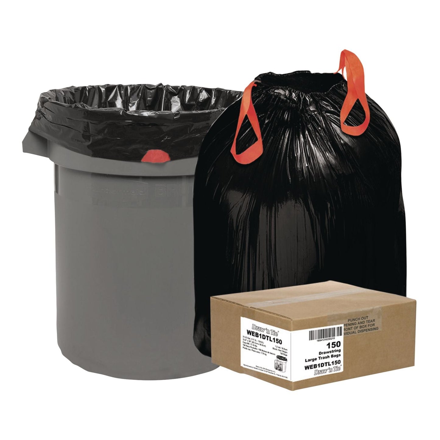 WBI1DTL150 Heavy-Duty Trash Bags, Drawstring, 33 gal, 1.2 mil, 33.5" x 38", Black, 25 Bags/Roll, 6 Rolls/Box Draw 'n Tie