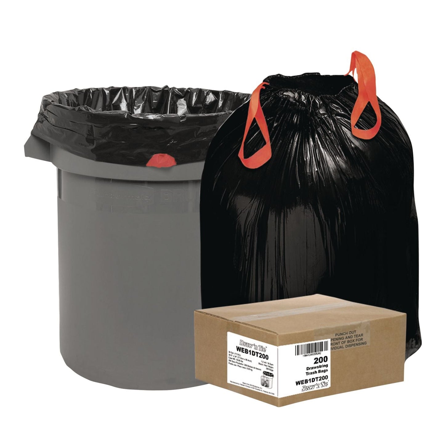 WBI1DT200 Heavy-Duty Trash Bags, Drawstring, 30 gal, 1.2 mil, 30.5" x 33", Black, 25 Bags/Roll, 8 Rolls/Box Draw 'n Tie