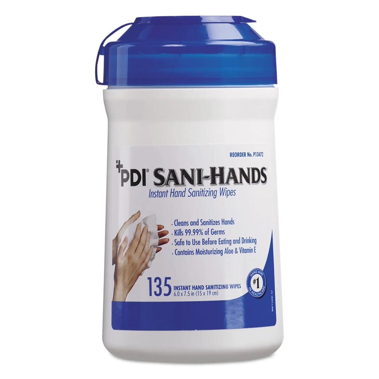 NICP13472 PDI Sani-Hands ALC Instant Hand Sanitizing Wipes, 1-Ply, 7.5 x 6, White, 135/Canister, 12 Canisters/Carton Sani Professional