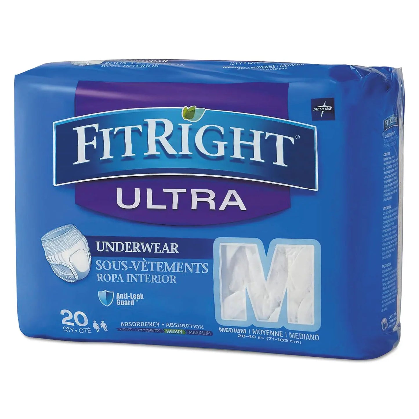 MIIFIT23005A Fitright Ultra Protective Underwear, Medium, 28" To 40" Waist, 20/pack Medline