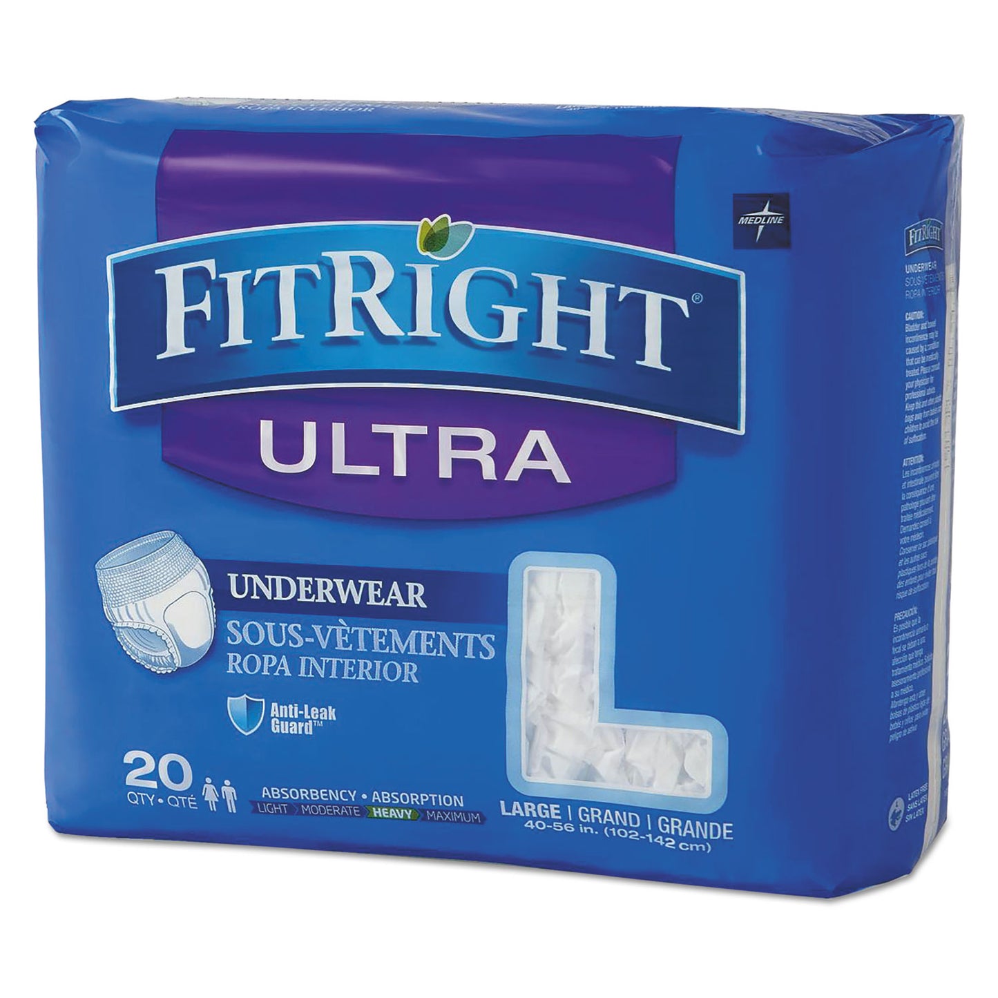 MIIFIT23505A Fitright Ultra Protective Underwear, Large, 40" To 56" Waist, 20/pack Medline