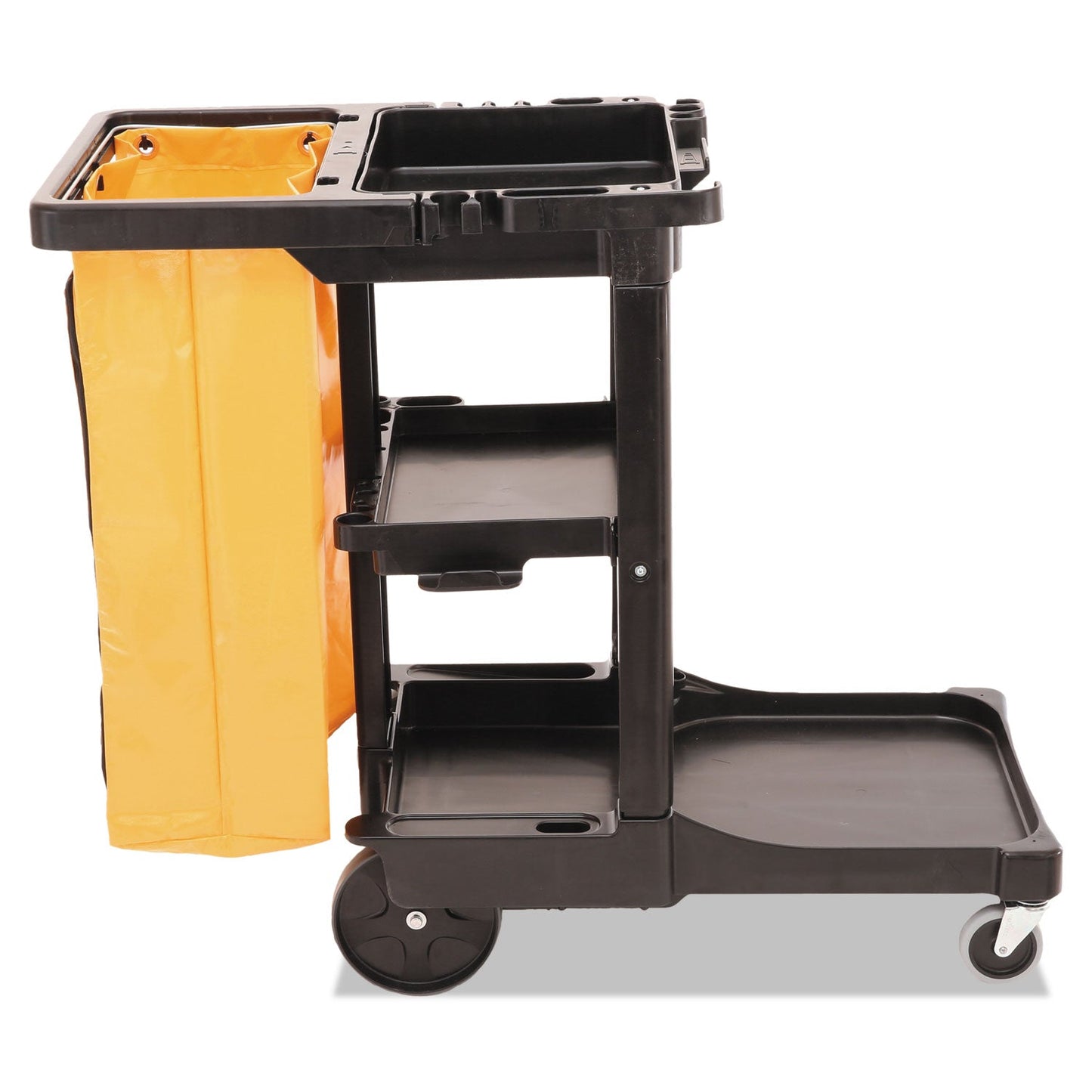 RCP617388BK Multi-Shelf Cleaning Cart, Plastic, 4 Shelves, 1 Bin, 20" x 45" x 38.25", Black RUBBERMAID COMMERCIAL PROD.
