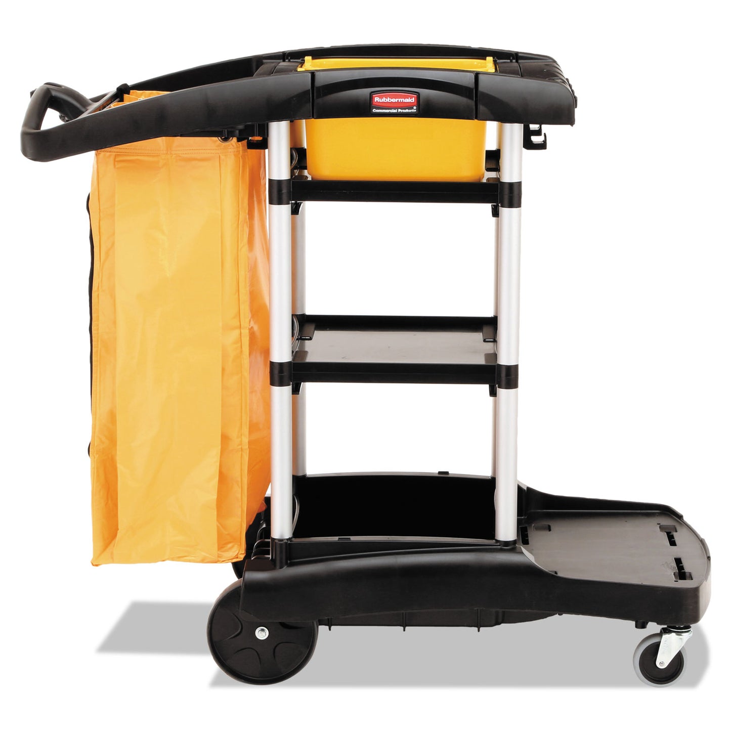 RCP9T7200BK High Capacity Cleaning Cart, Plastic, 4 Shelves, 2 Bins, 21.75" x 49.75" x 38.38", Black RUBBERMAID COMMERCIAL PROD.