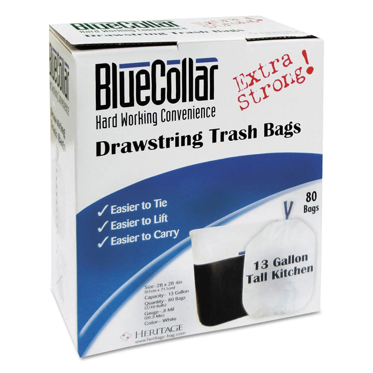 HERN4828EWRC1CT Drawstring Trash Bags, Drawstring, 13 Gal, 24" x 28", White, 80 Bags/Box, 6 Boxes/Carton BlueCollar