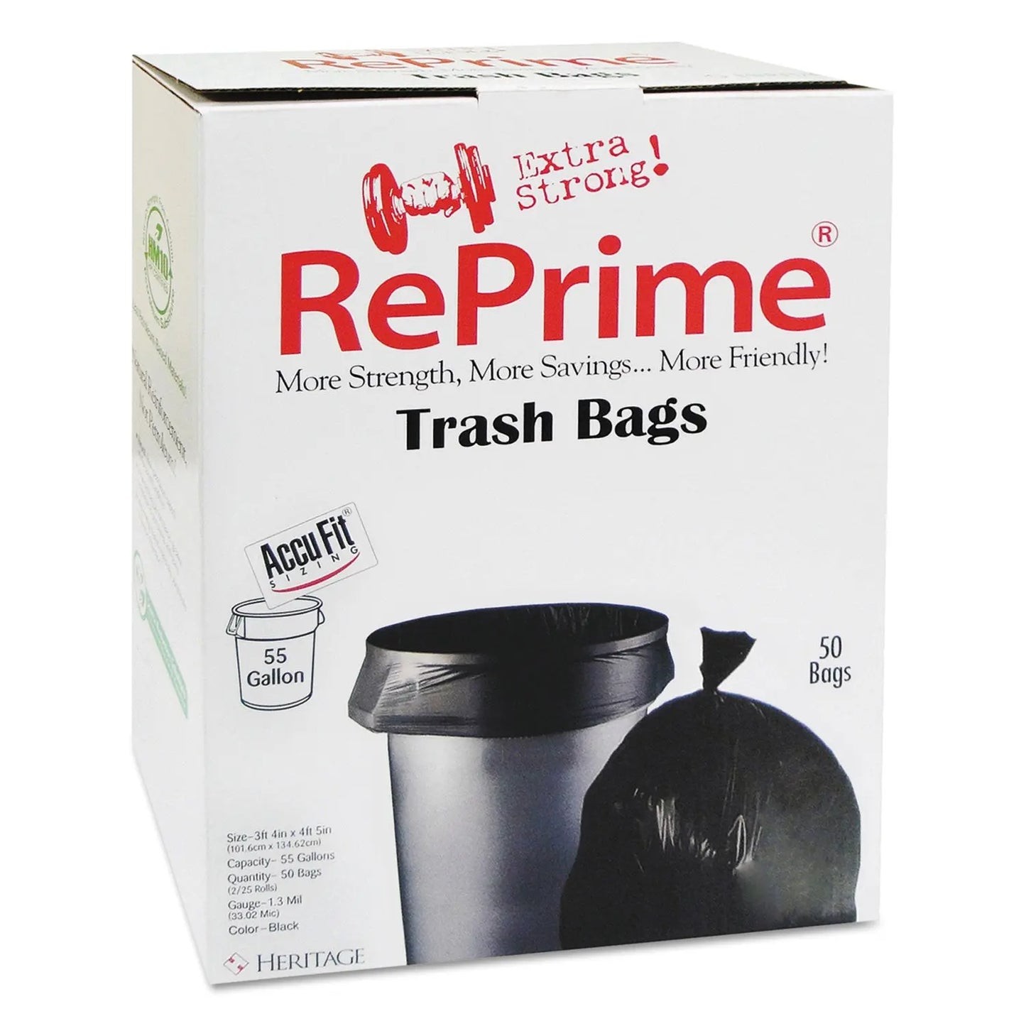HERH8053PKRC1CT Linear Low Density Can Liners with AccuFit Sizing, 55 Gal, 1.3 mil, 40" x 53", Black, 50 Bags/Box, 3 Boxes/Carton AccuFit