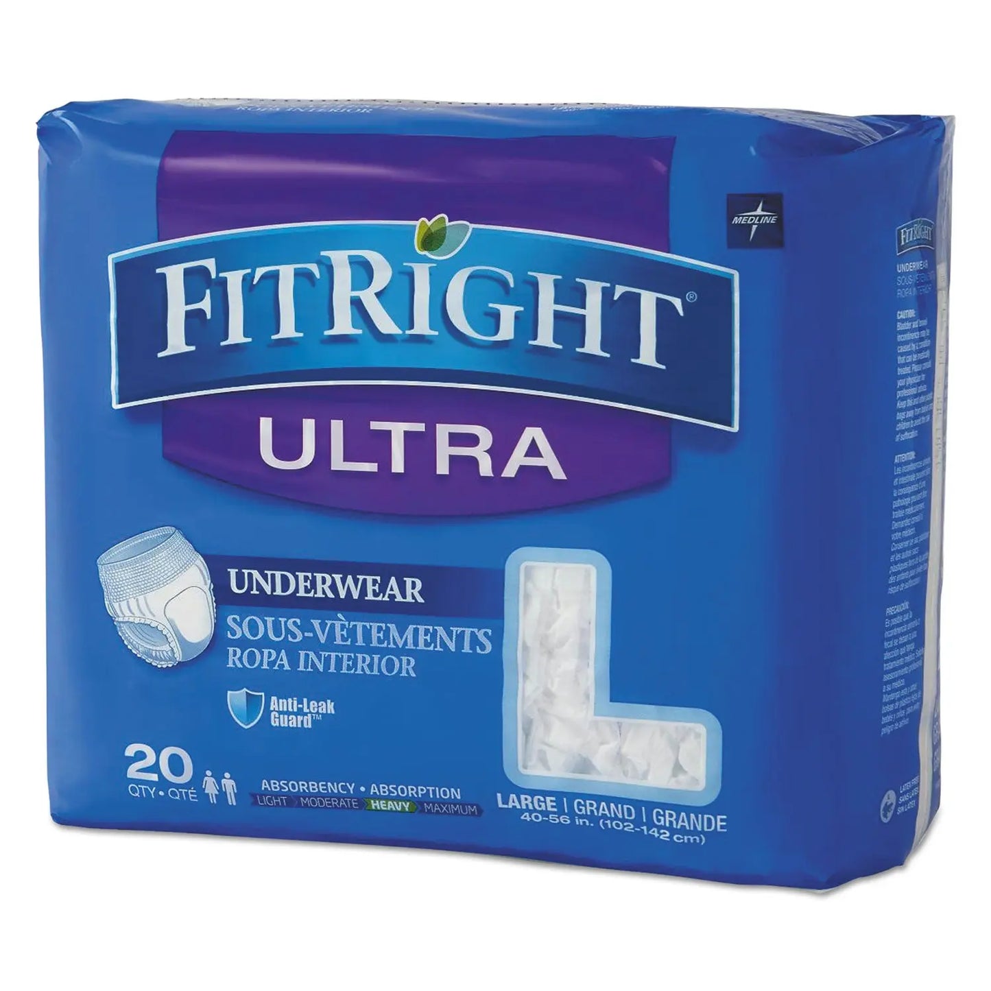 MIIFIT23505ACT Fitright Ultra Protective Underwear, Large, 40" To 56" Waist, 20/pack, 4 Pack/carton Medline