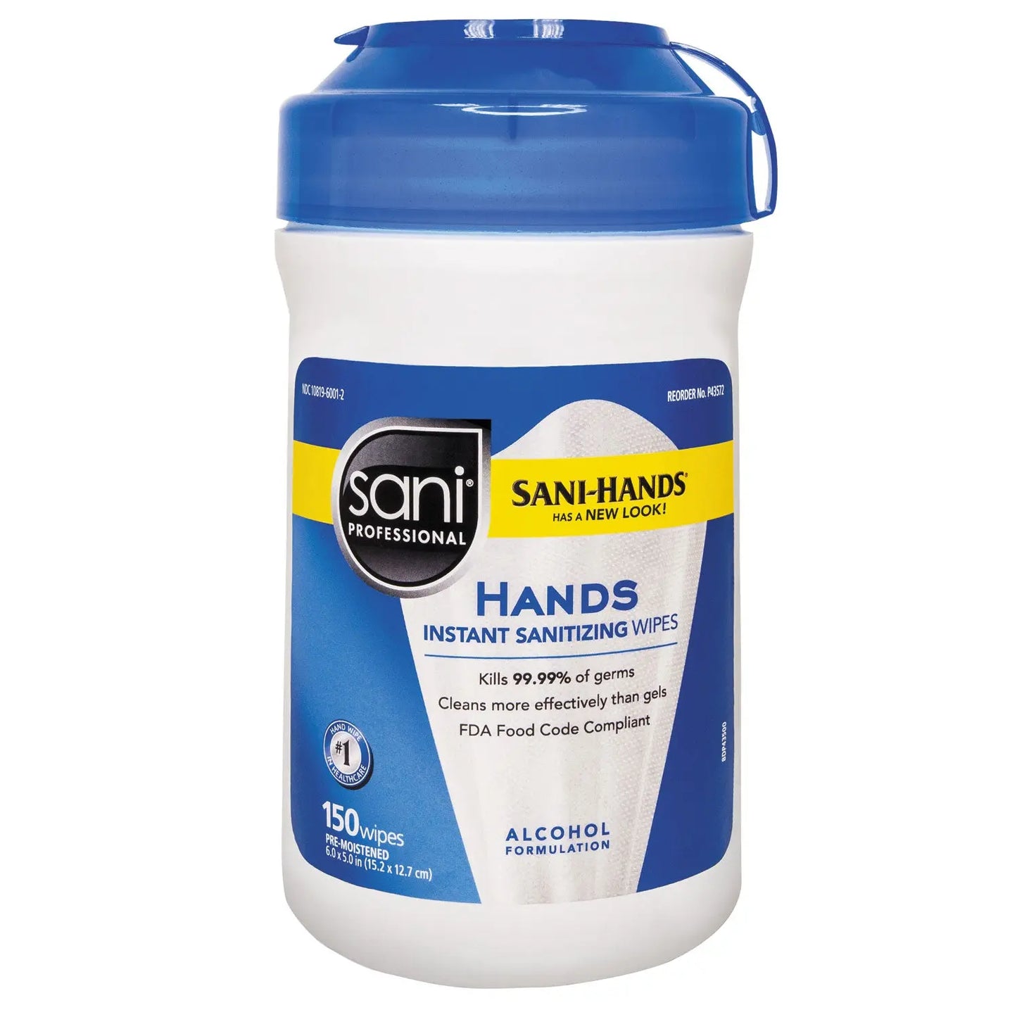 NICP43572CT Hands Instant Sanitizing Wipes, 6 x 5, Unscented, White, 150/Canister, 12 Canisters/Carton Sani Professional