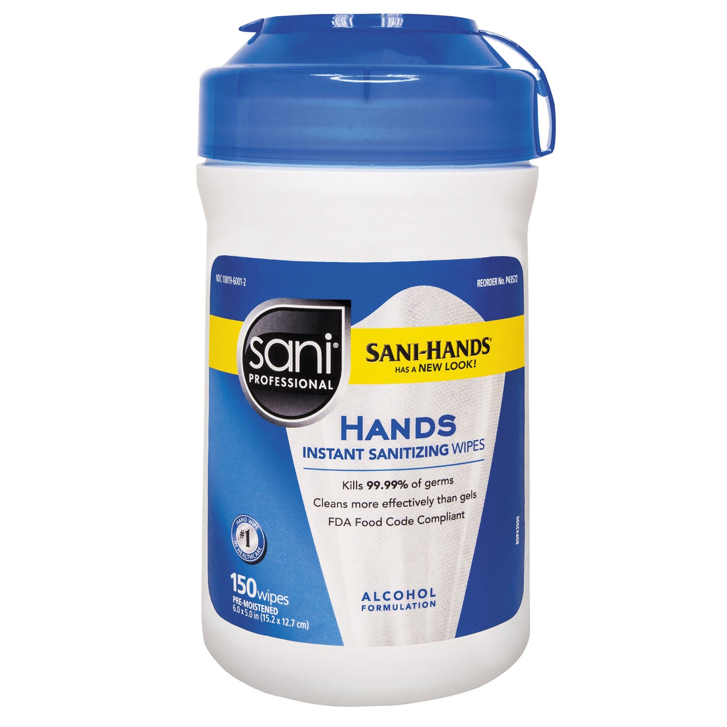 NICP43572EA Hands Instant Sanitizing Wipes, 5 x 6, Unscented, White, 150/Canister Sani Professional