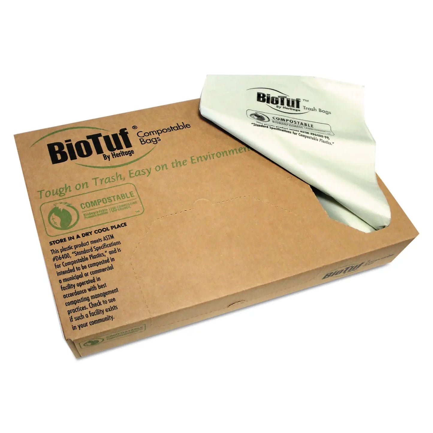 HERY7658TER01 Biotuf Compostable Can Liners, 60 gal, 0.9 mil, 38" x 58", Green, 20 Bags/Roll, 5 Rolls/Carton Heritage