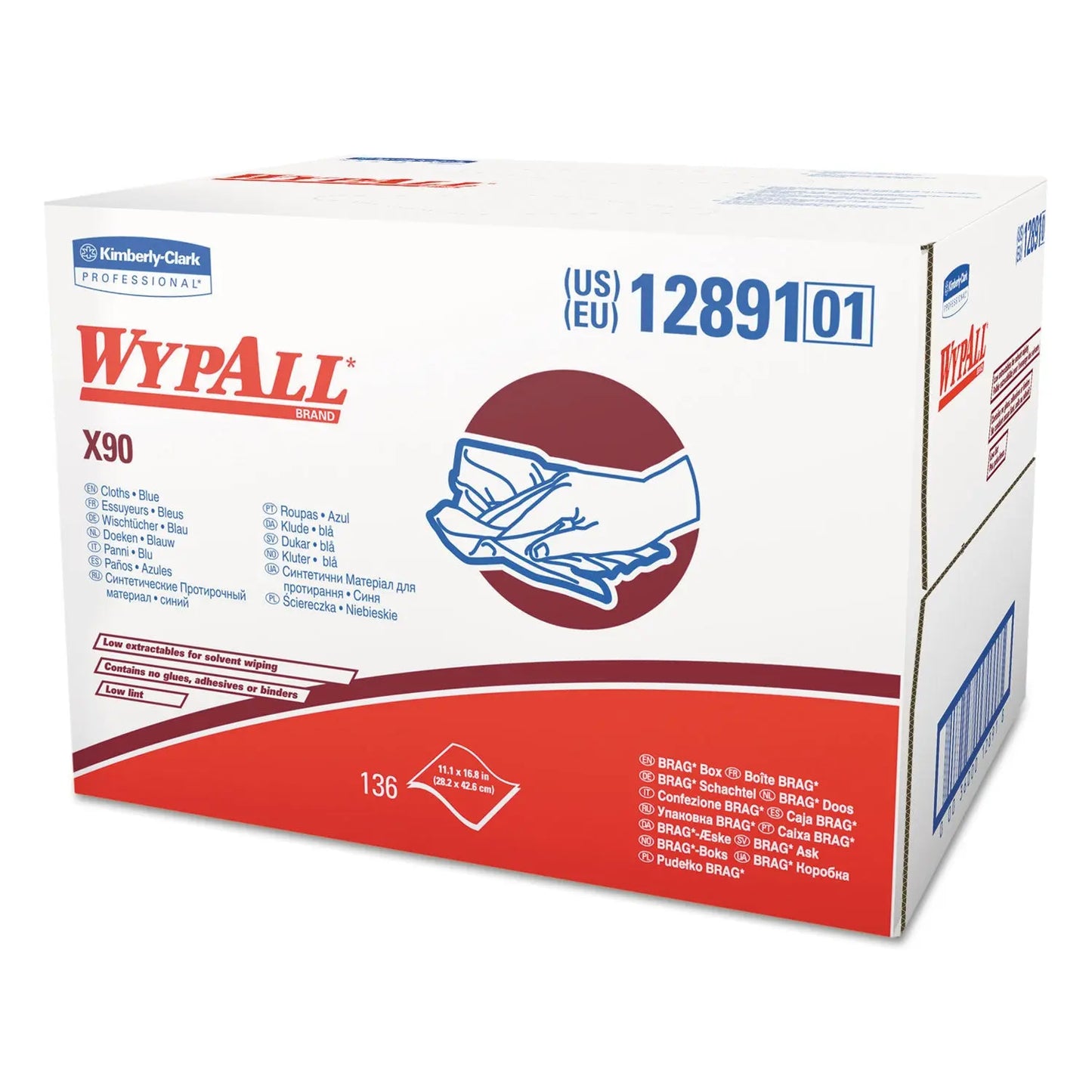 KCC12891 X90 Cloths, BRAG Box, 2-Ply, 11.1 x 16.8, Denim Blue, 136/Carton WypAll