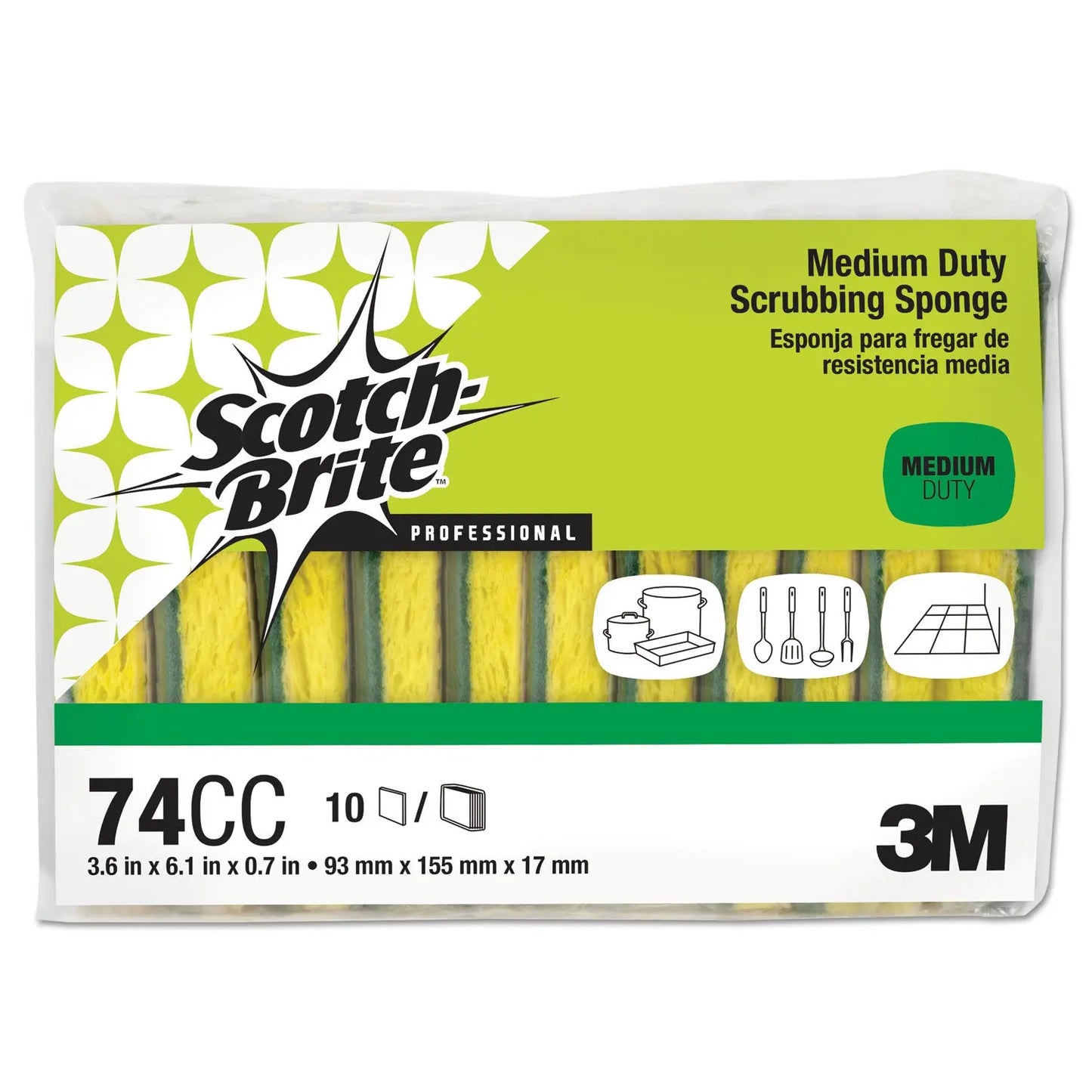 MMM74CC Medium-Duty Scrubbing Sponge 74, 3.6 x 6.1, 0.7" Thick, Yellow/Green, 10/Pack Scotch-Brite PROFESSIONAL