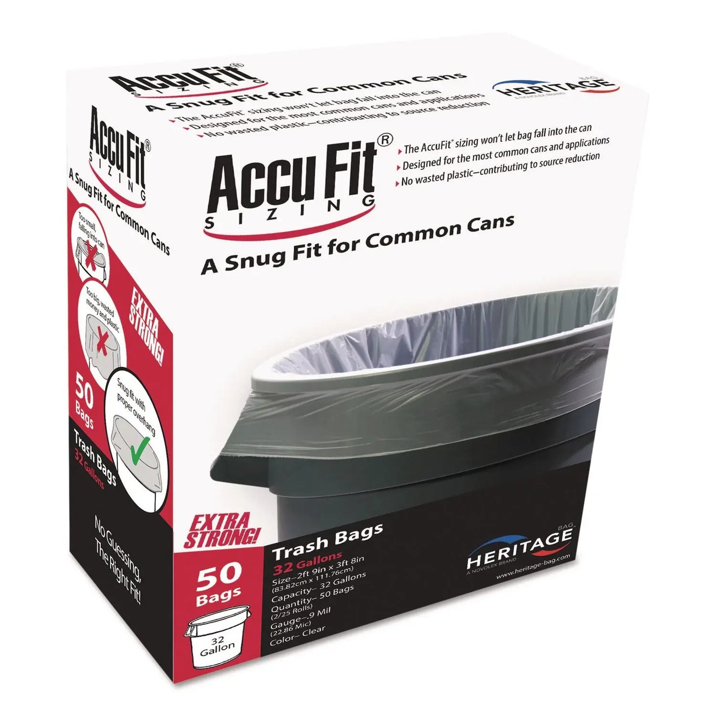 HERH6644TCRC1 Linear Low Density Can Liners With Accufit Sizing, 32 Gal, 0.9 Mil, 33" X 44", Clear, 50/box AccuFit