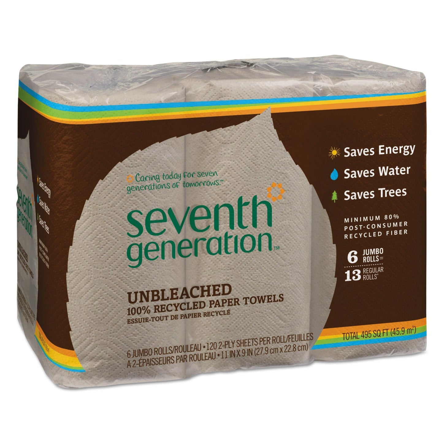 SEV13737PK Natural Unbleached 100% Recycled Paper Kitchen Towel Rolls, 2-Ply, 11 x 9, 120/Roll, 6 Rolls/Pack Seventh Generation