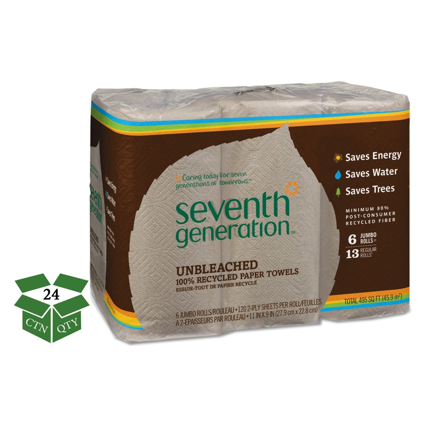SEV13737 Natural Unbleached 100% Recycled Paper Kitchen Towel Rolls, 2-Ply, 11 x 9, 120/Roll, 24 Rolls/Carton Seventh Generation