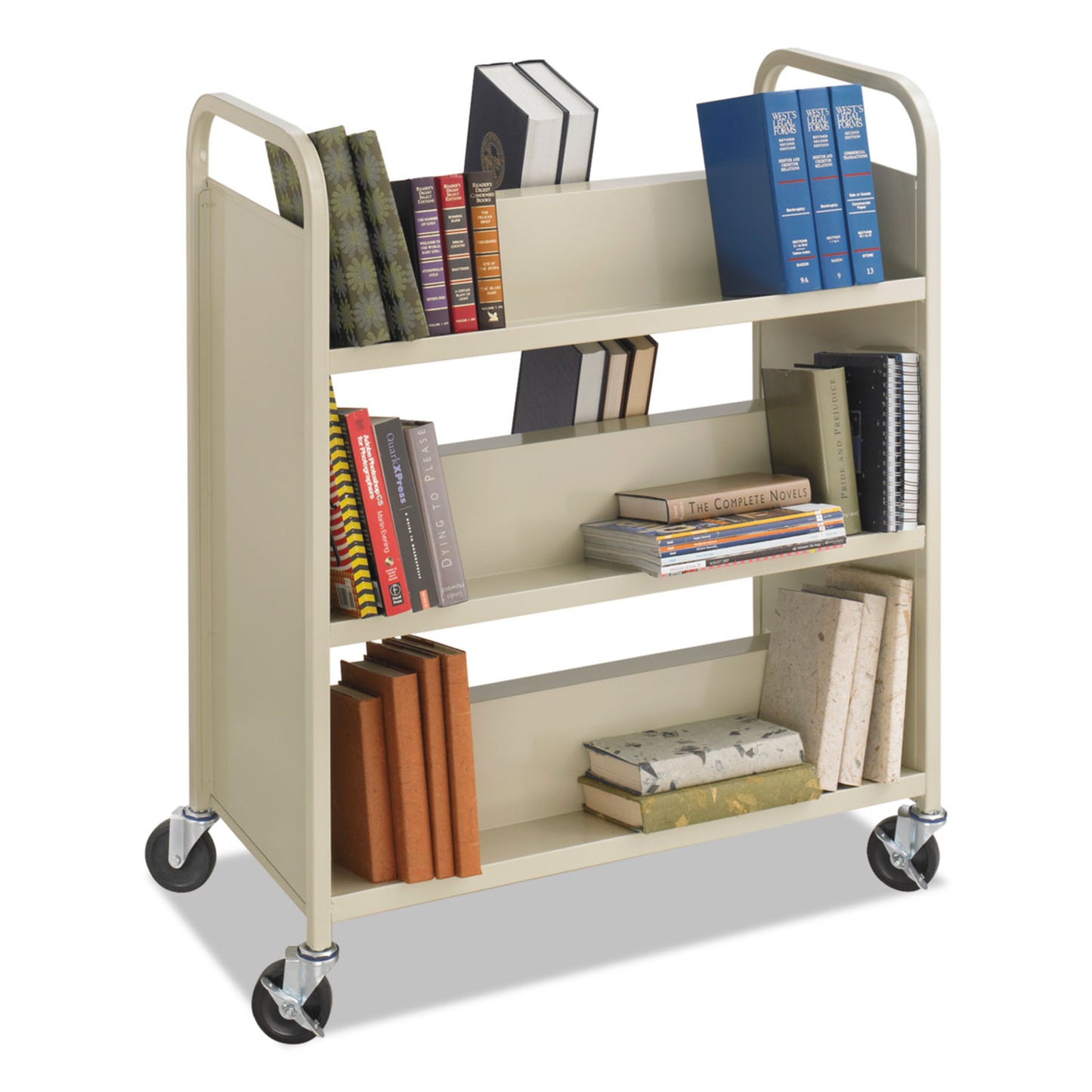 SAF5357SA Steel Double-Sided Book Cart, Metal, 6 Shelves, 300 lb Capacity, 36" x 18.5" x 43.5", Sand