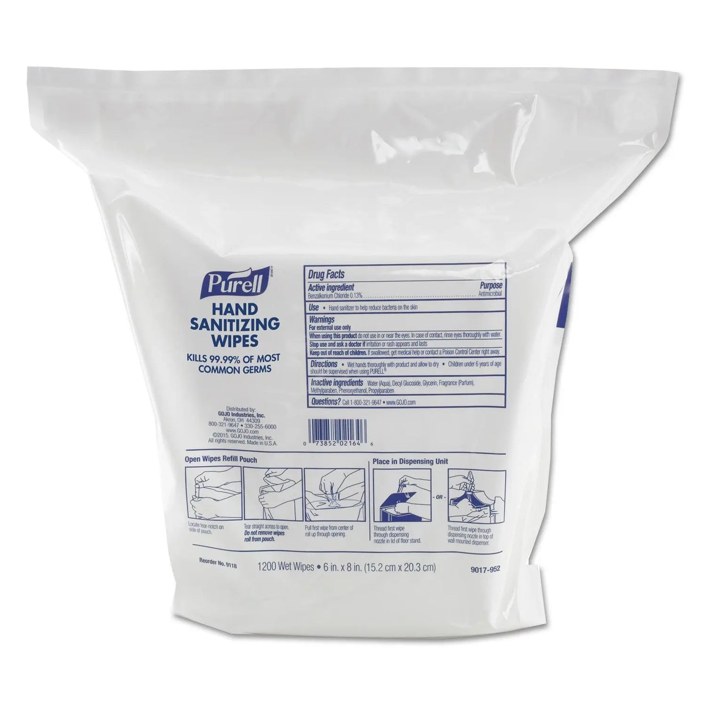 GOJ911802 Hand Sanitizing Wipes, 6 x 8, Fresh Citrus Scent, White, 1,200/Refill Pouch, 2 Refills/Carton PURELL