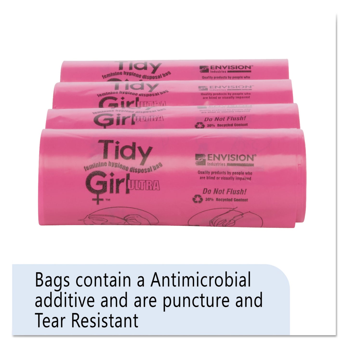 STOTGUF Feminine Hygiene Sanitary Disposal Bags, 4" x 4" x 10", Pink/Black, 150 Bags/Roll, 4 Rolls/Carton