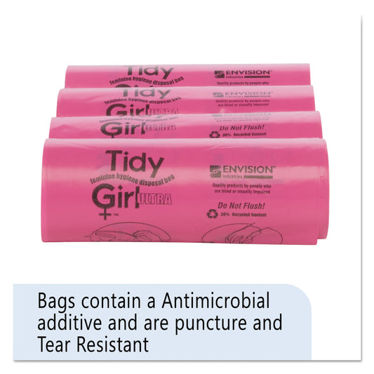 STOTGUF Feminine Hygiene Sanitary Disposal Bags, 4" x 4" x 10", Pink/Black, 150 Bags/Roll, 4 Rolls/Carton