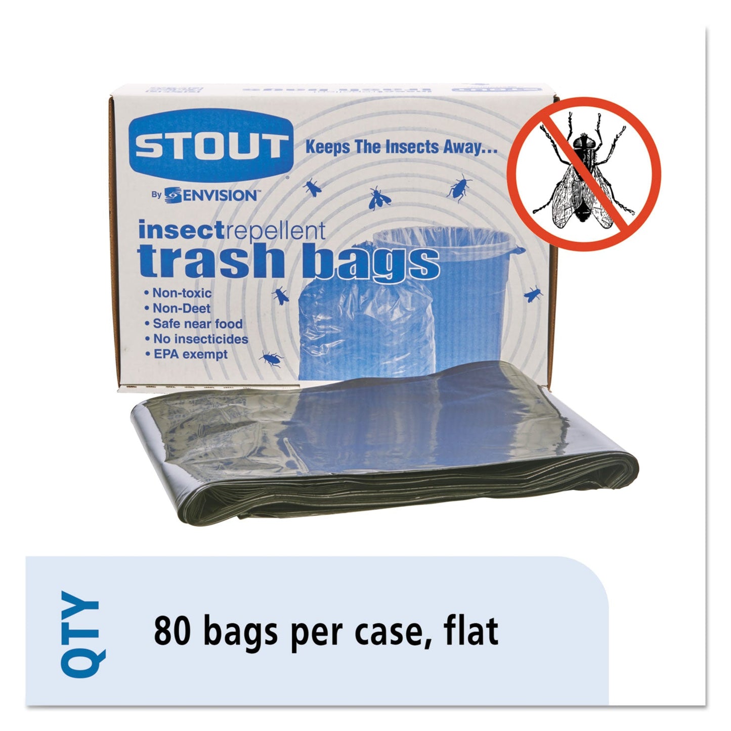 STOP3345K20 Insect-Repellent Trash Bags, 35 Gal, 2 Mil, 33" X 45", Black, 80/box Stout by Envision