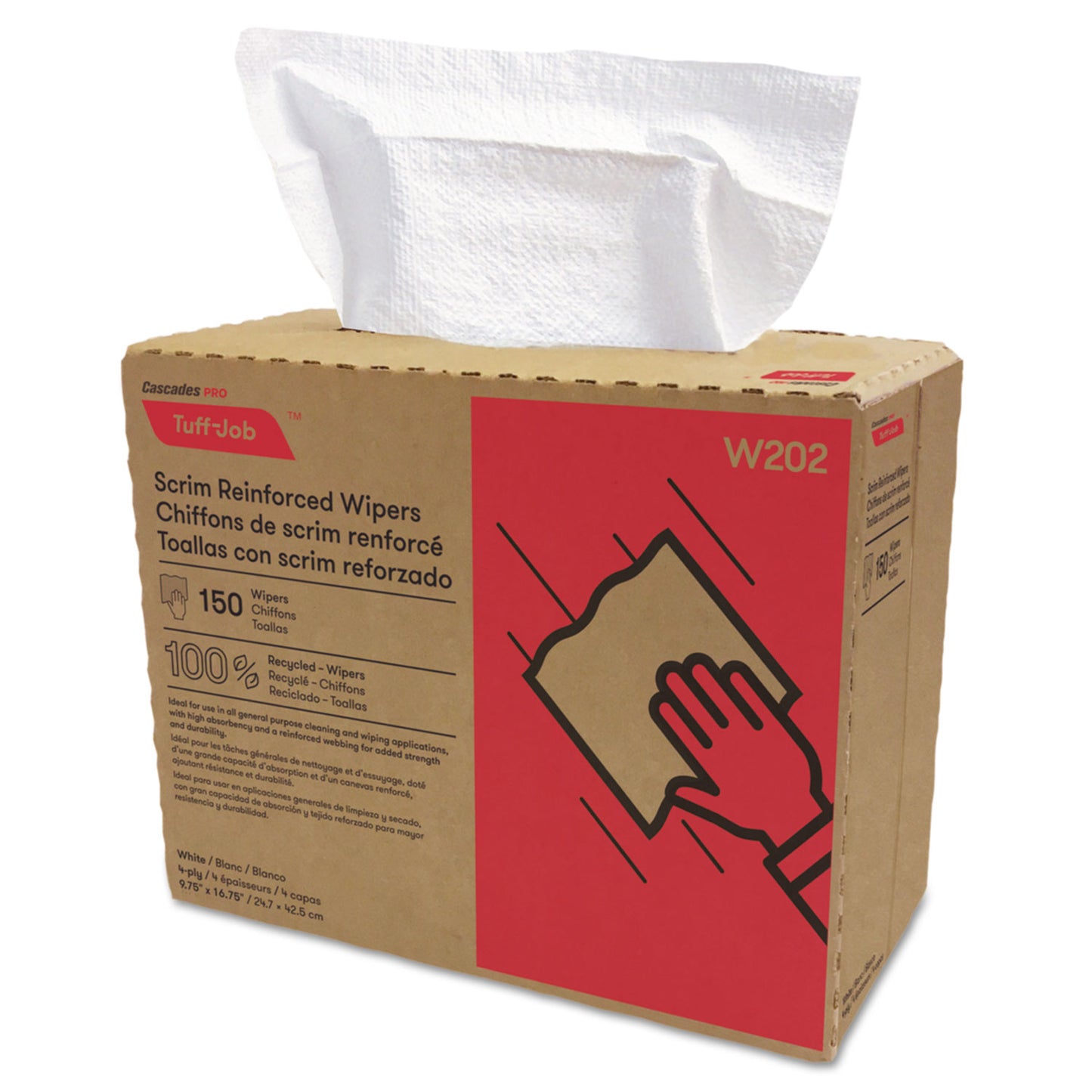 CSDW202 Tuff-Job Scrim Reinforced Wipers, 4-Ply, 9.75 x 16.75, White, 150/Box, 6 Box/Carton Cascades PRO
