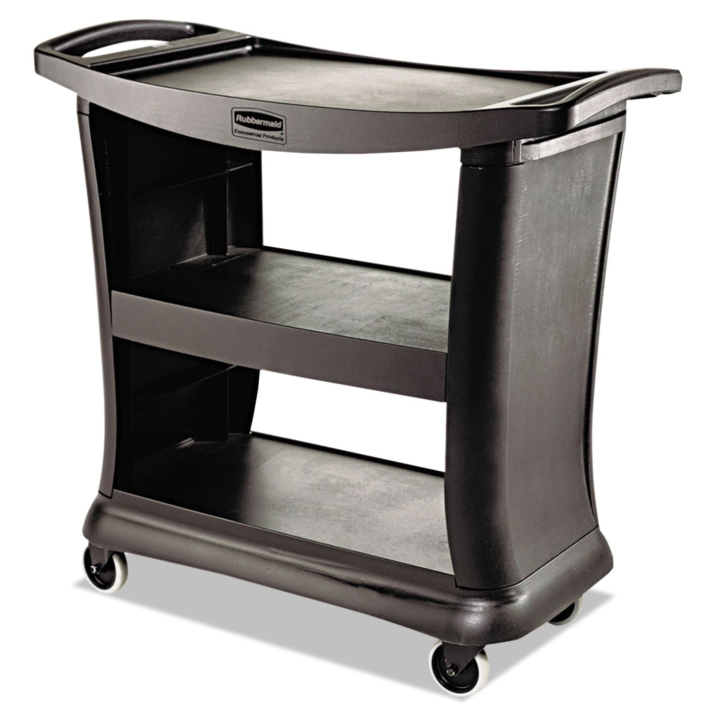 RCP9T6800BK Executive Service Cart, Plastic, 3 Shelves, 300 lb Capacity, 20.33" x 38.9" x 38.9", Black RUBBERMAID COMMERCIAL PROD.