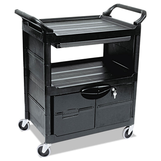 RCP345700BLA Utility Cart with Locking Doors, Plastic, 3 Shelves, 200 lb Capacity, 33.63" x 18.63" x 37.75", Black