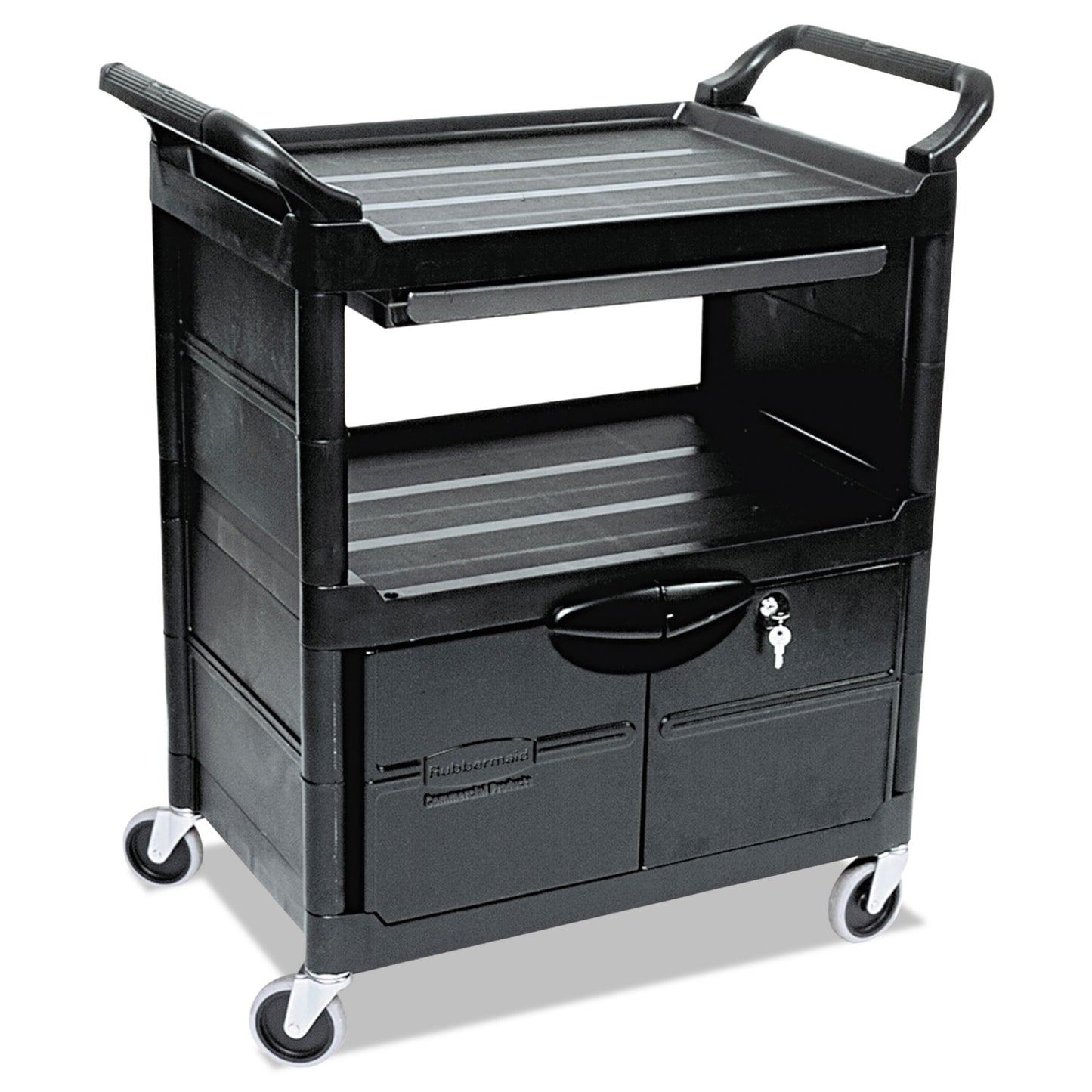RCP345700BLA Utility Cart with Locking Doors, Plastic, 3 Shelves, 200 lb Capacity, 33.63" x 18.63" x 37.75", Black RUBBERMAID COMMERCIAL PROD.