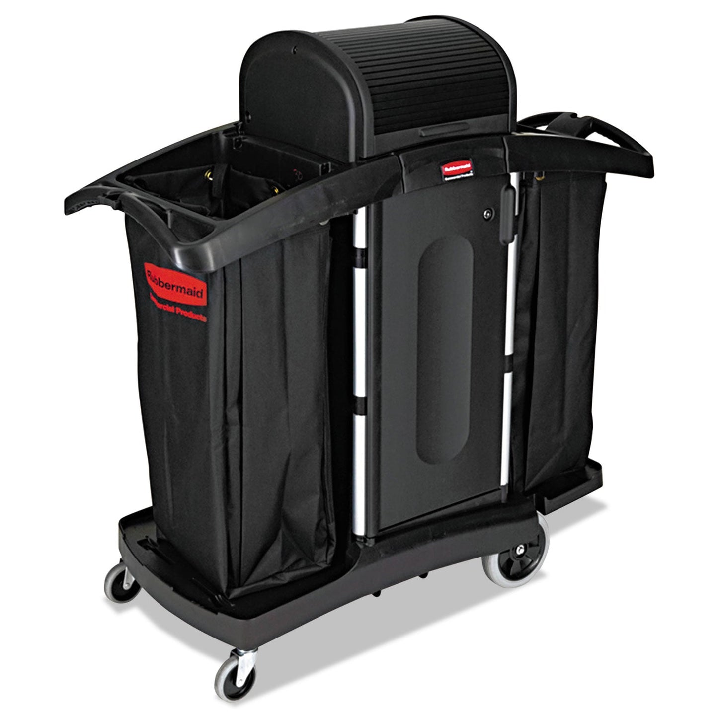 RCP9T78 High-Security Housekeeping Cart, Plastic, 3 Shelves, 2 Bins, 22" x 51.75" x 53.5", Black/Silver RUBBERMAID COMMERCIAL PROD.