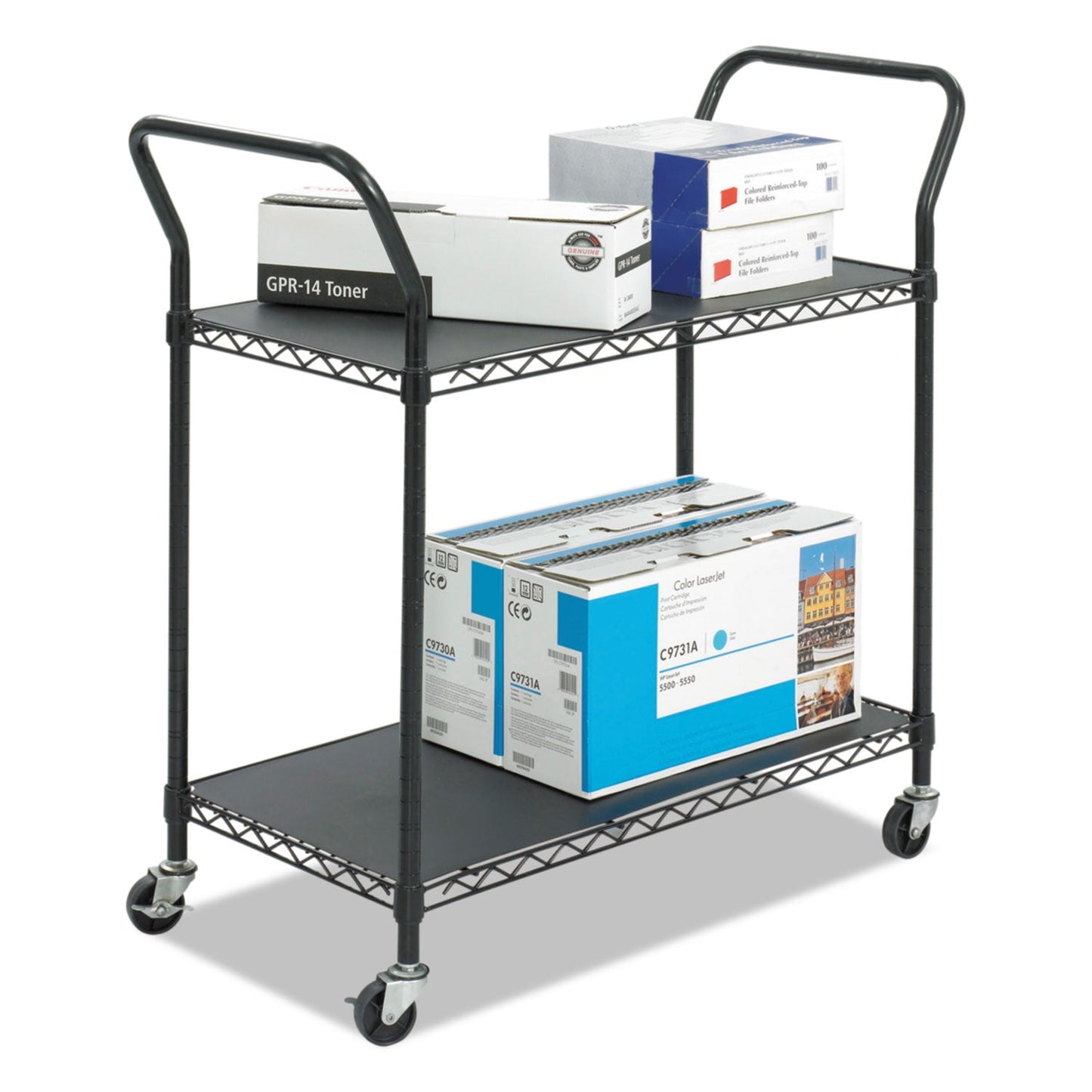 SAF5337BL Wire Utility Cart, Metal, 2 Shelves, 400 lb Capacity, 43.75" x 19.25" x 40.5", Black Safco