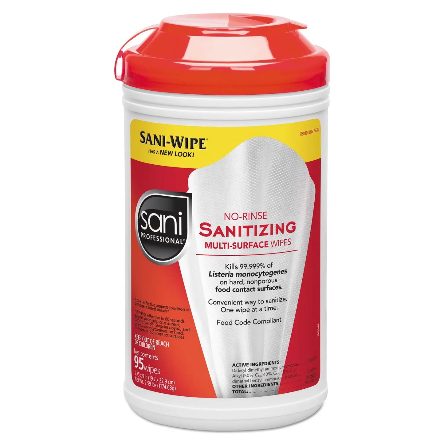NICP56784EA No-Rinse Sanitizing Multi-Surface Wipes, Unscented, White, 95/Container Sani Professional