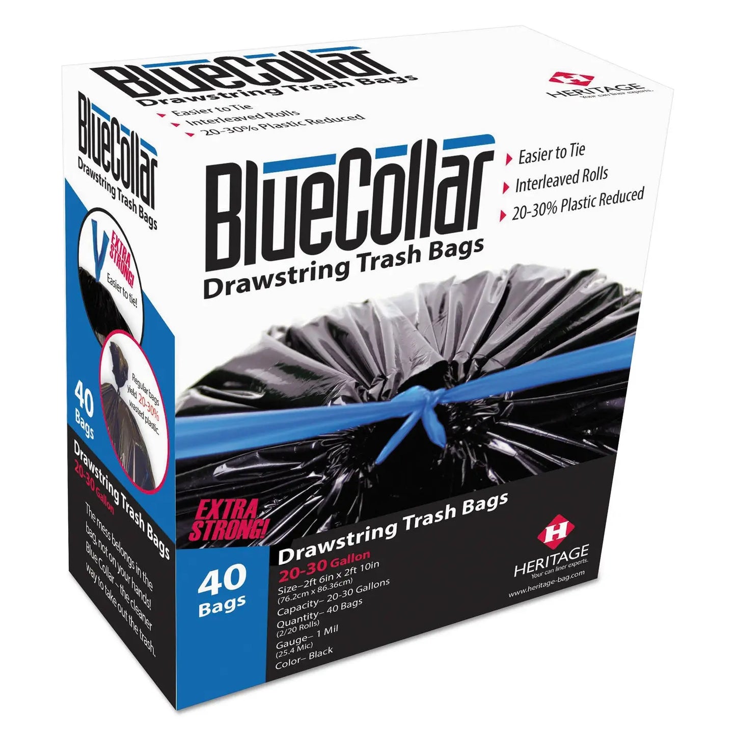 HERN6034YKRC1CT Drawstring Trash Bags, Drawstring, 30 Gal, 1 mil, 30" x 34", Black, 40 Bags/Box, 6 Boxes/Carton BlueCollar