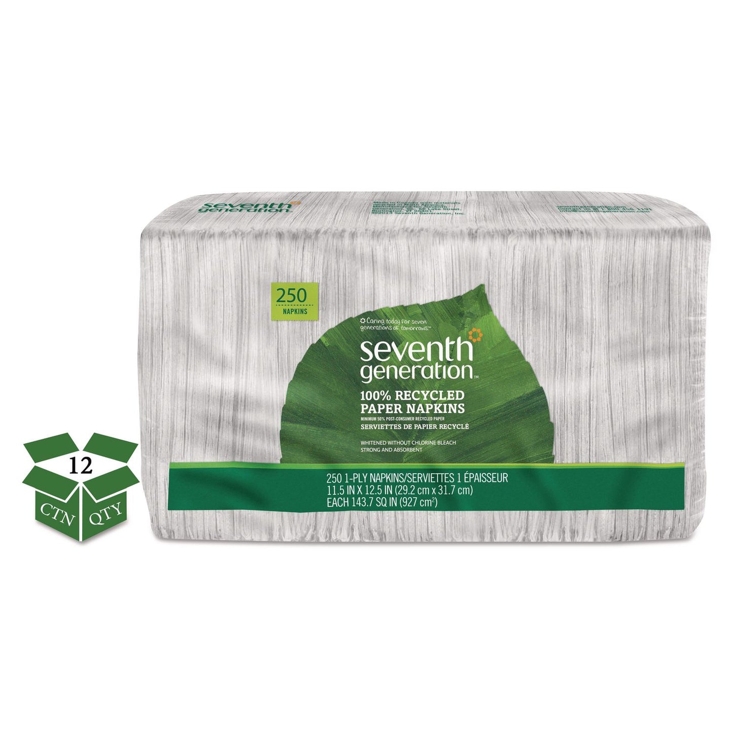SEV13713CT 100% Recycled Napkins, 1-Ply, 11.5 x 12.5, White, 250/Pack, 12 Packs/Carton