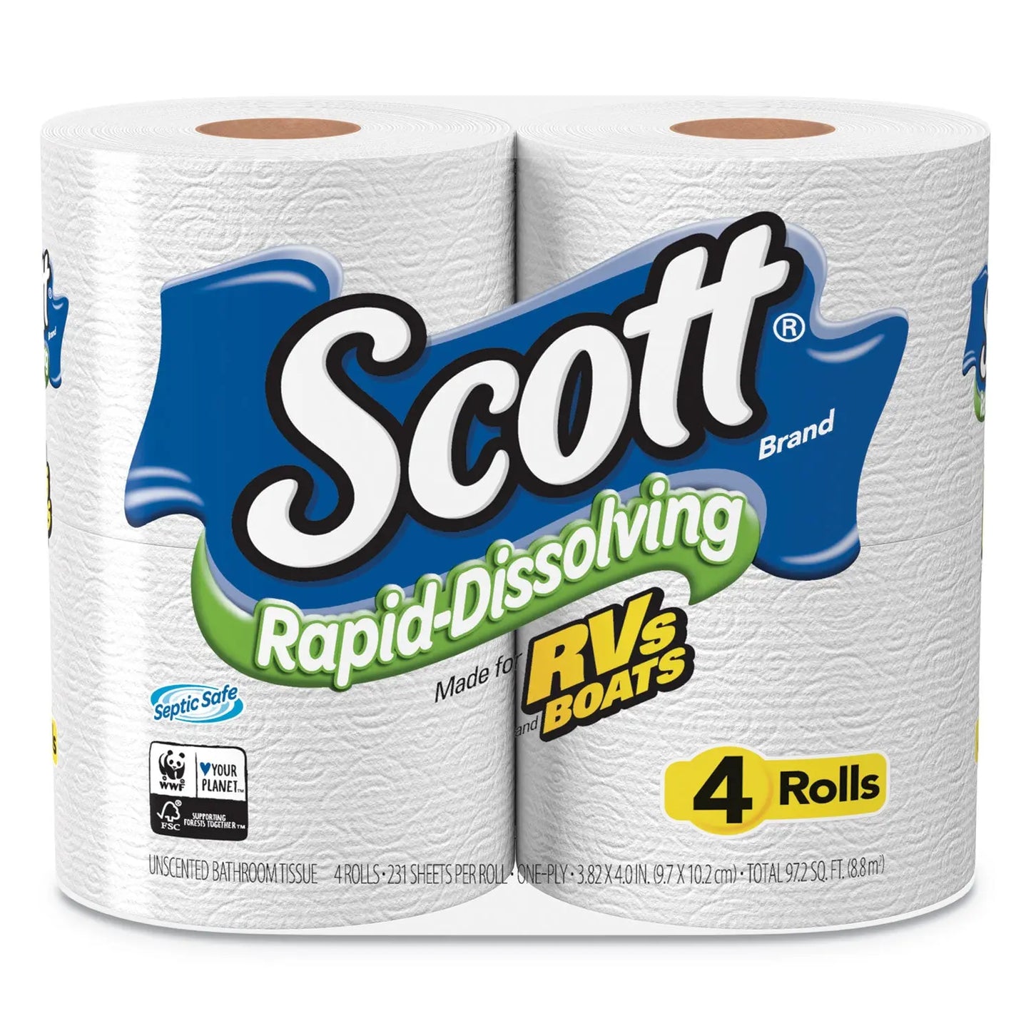 KCM47617 Rapid-Dissolving Toilet Paper, Bath Tissue, Septic Safe, 1-Ply, White, 231 Sheets/Roll, 4 Rolls/Pack, 12 Packs/Carton Scott