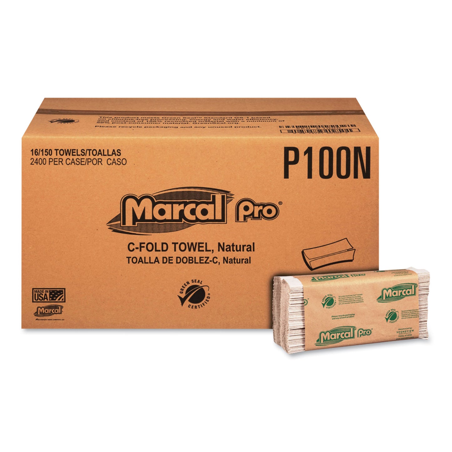 MRCP100N 100% Recycled Folded Paper Towels, 1-Ply, 12.88  x 10.13, Natural, 150/Pack, 16 Packs/Carton