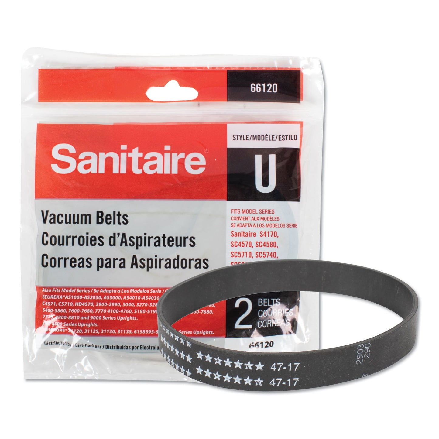 EUR66120 Replacement Belt For Upright Vacuum Cleaner, Flat U Style, 2/pack