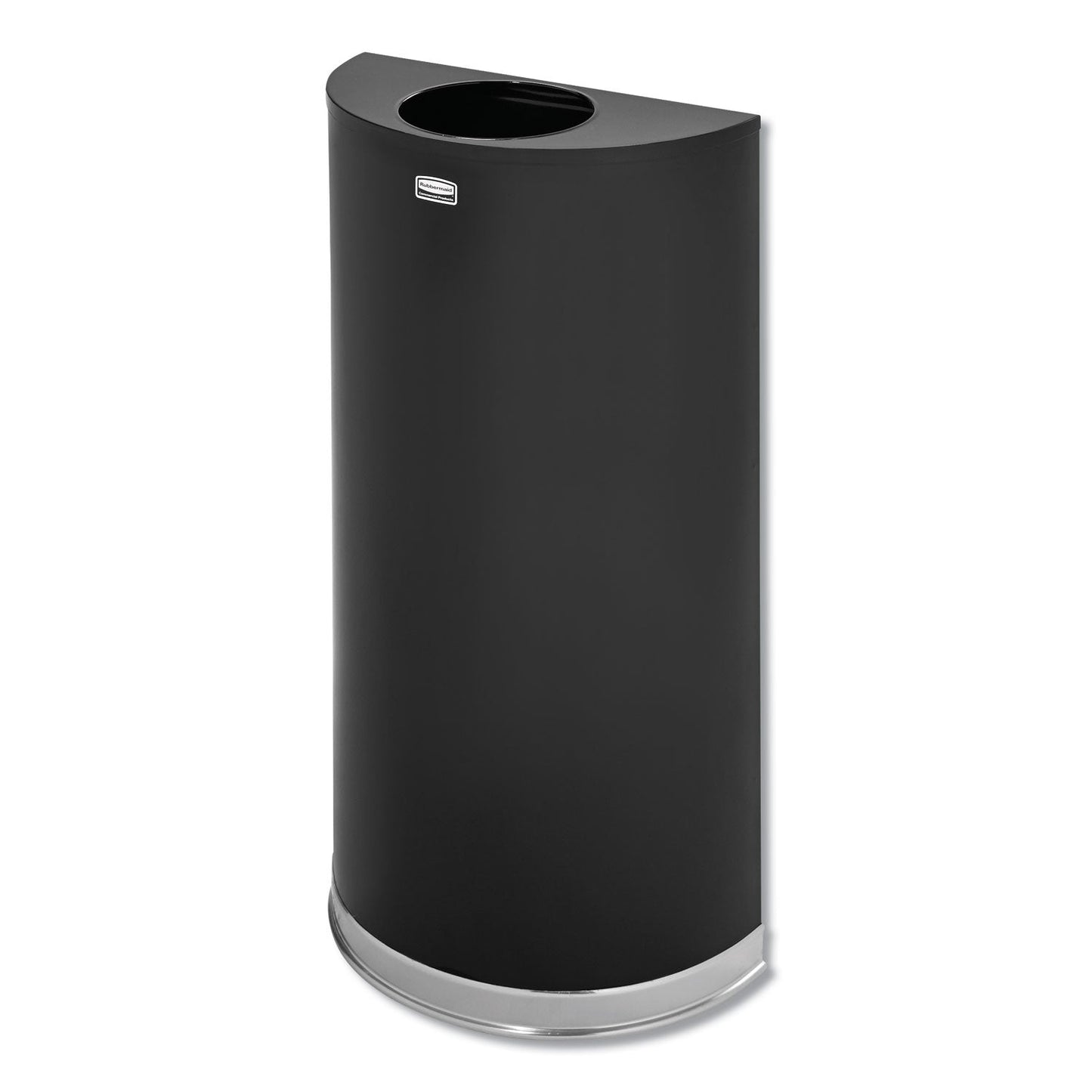 RCPSO1220B European and Metallic Series Open Top Half-Round Receptacle, 12 gal, Steel, Black/Chrome RUBBERMAID COMMERCIAL PROD.