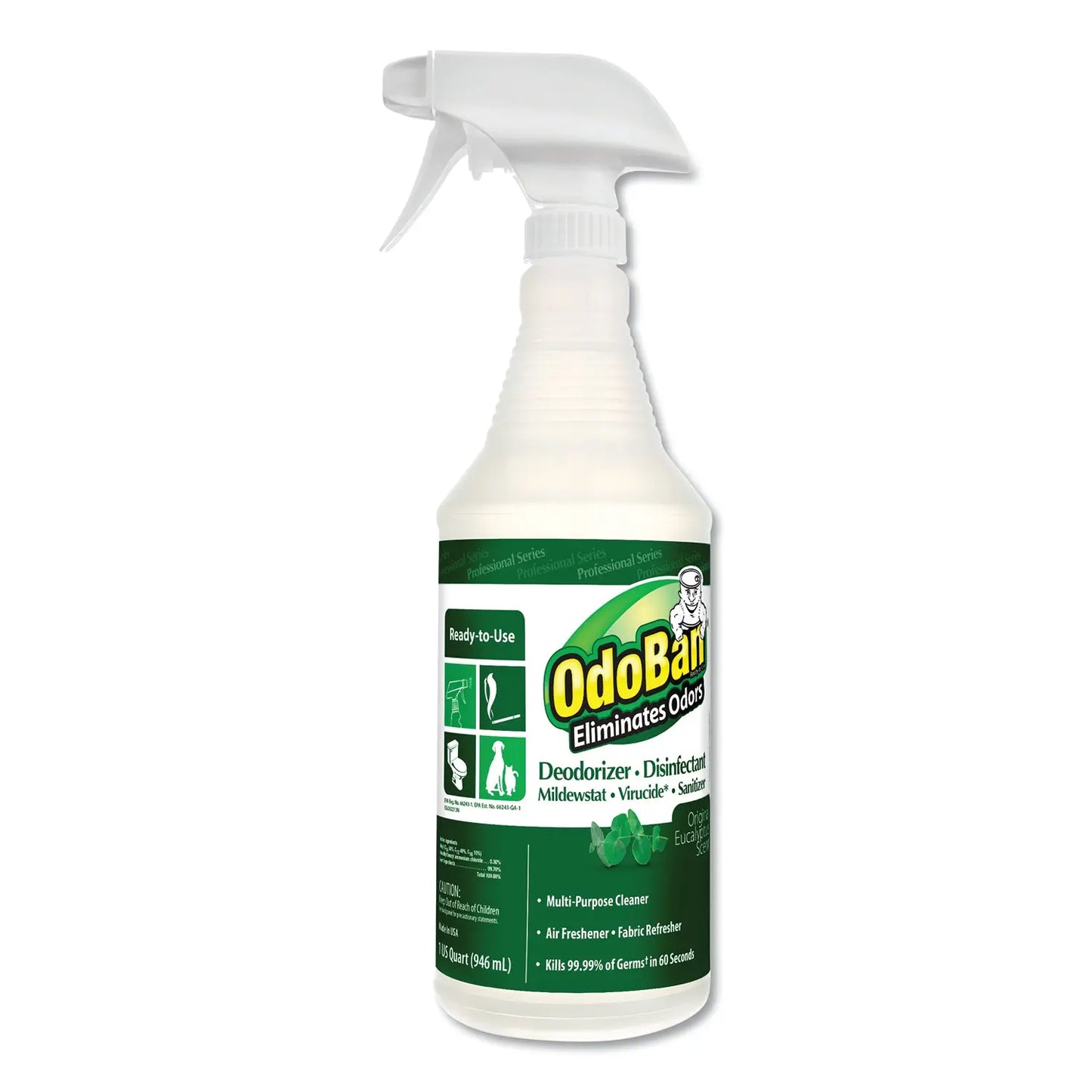 ODO910062QC12 RTU Odor Eliminator and Disinfectant, Eucalyptus Scent, 32 oz Spray Bottle OdoBan