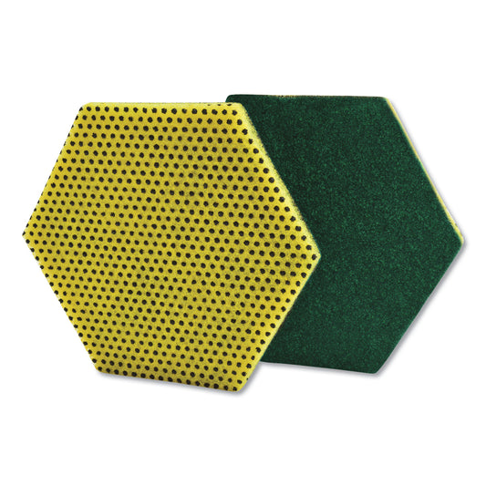 MMM96HEX Dual Purpose Scour Pad, 5 x 5.75, Green/Yellow, 15/Carton
