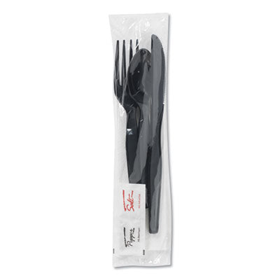 DXECH56NSPC7 Wrapped Tableware/Napkin Packets, Mediumweight, Fork/Knife/Napkin/Spoon, Plastic, Black, 250/Carton