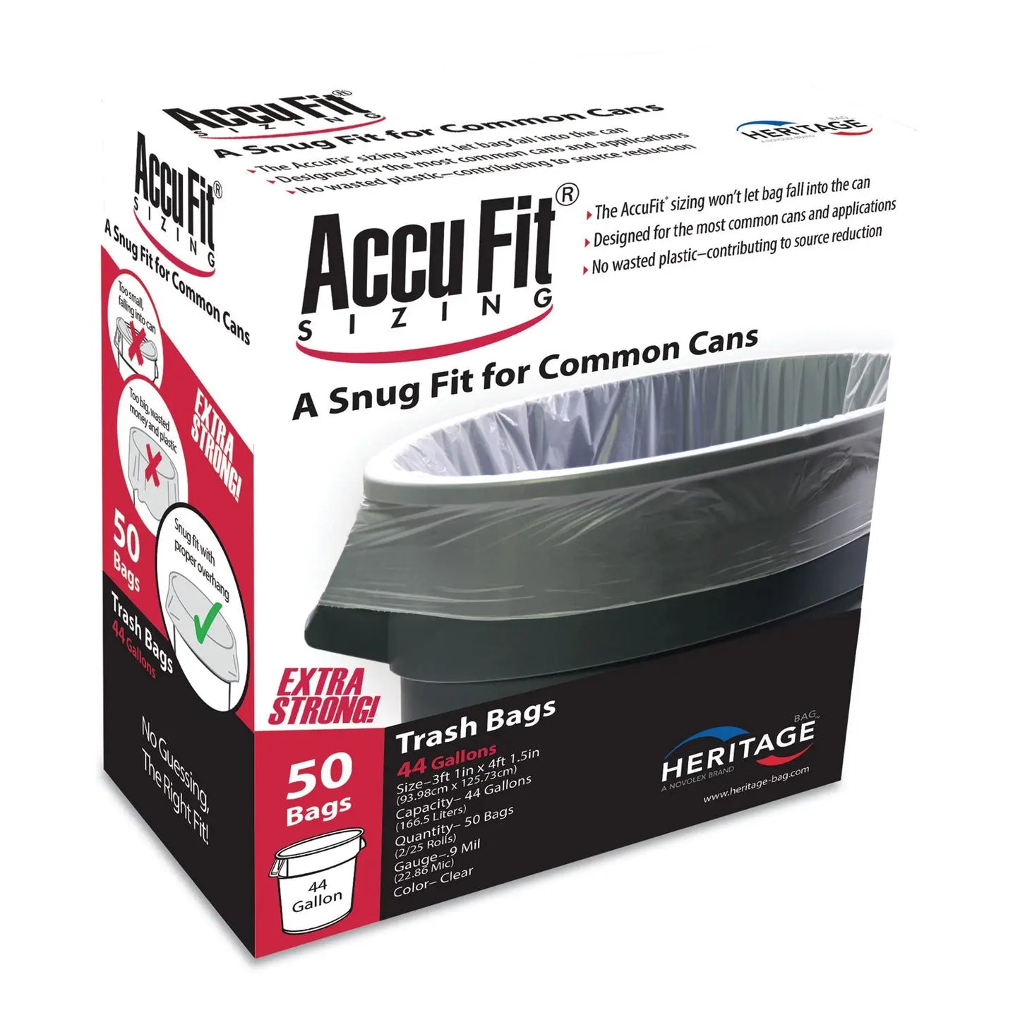 HERH7450TCRC1 Linear Low Density Can Liners With Accufit Sizing, 44 Gal, 0.9 Mil, 37" X 50", Clear, 50/box AccuFit