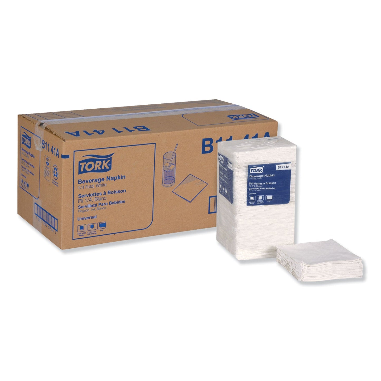 TRKB1141A Universal Beverage Napkin, 1-Ply, 9.13 x 9.13, 1/4 Fold, Poly-Pack, White, 4,000/Carton Tork