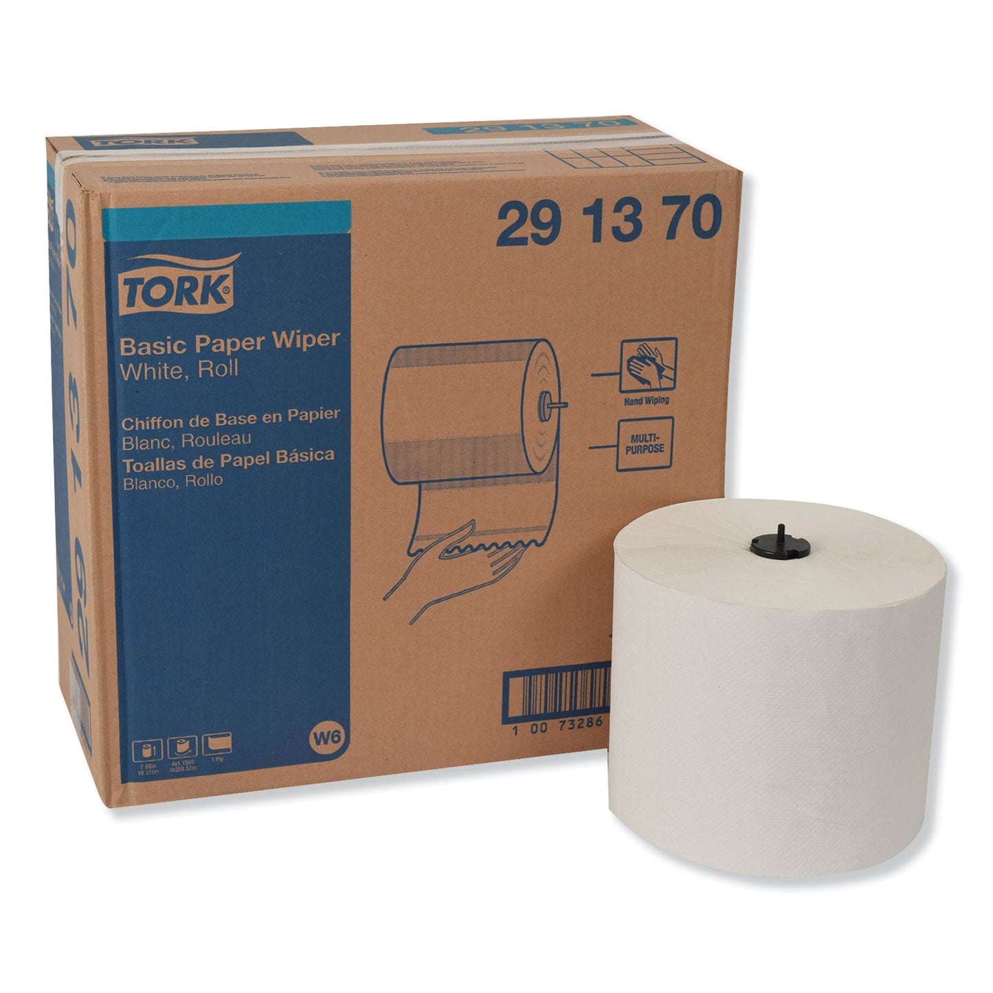 TRK291370 Basic Paper Wiper Roll Towel, 1-Ply, 7.68" x 1,150 ft, White, 4 Rolls/Carton Tork