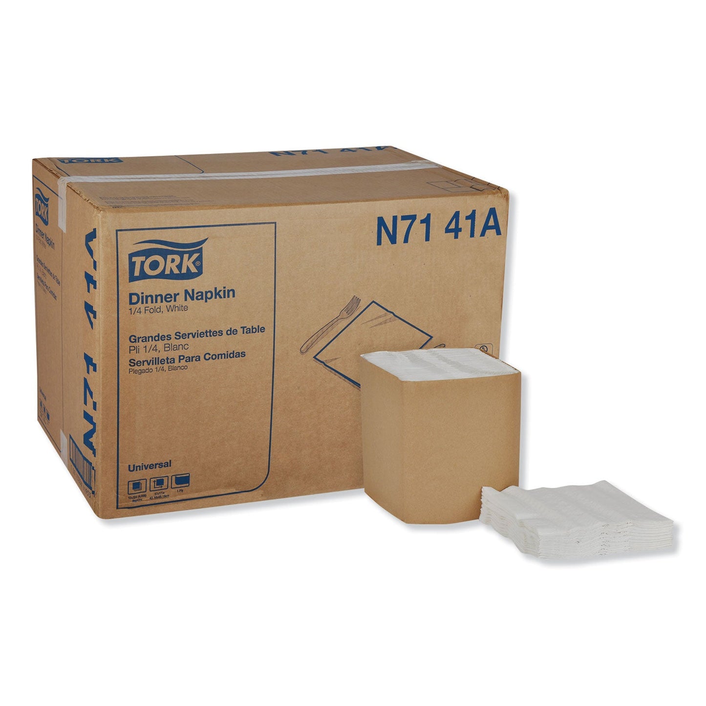 TRKN7141A Universal Dinner Napkins, 1-Ply, 17 x 17, 1/4 Fold, White, 4008/Carton Tork