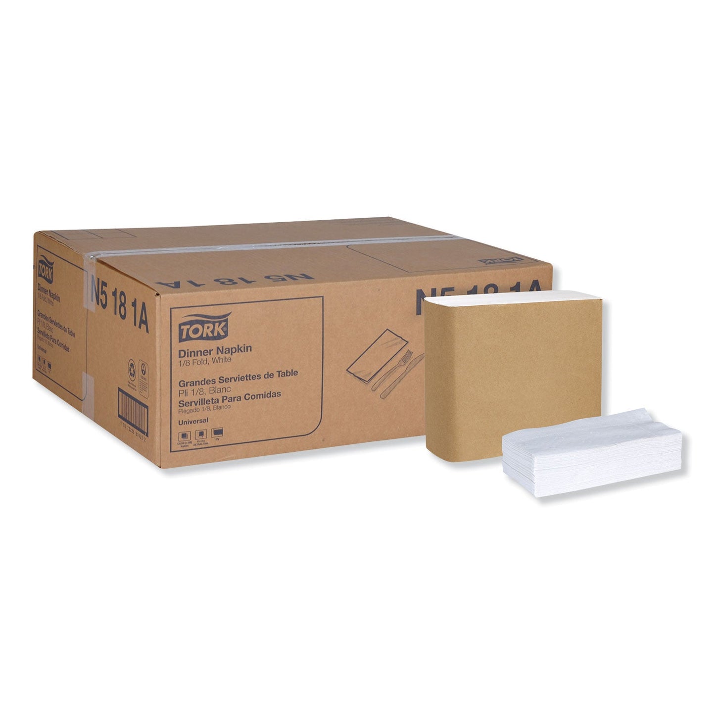 TRKN5181A Universal Dinner Napkins, 1-Ply, 15 x 17, 1/8 Fold, White, 3000/Carton Tork