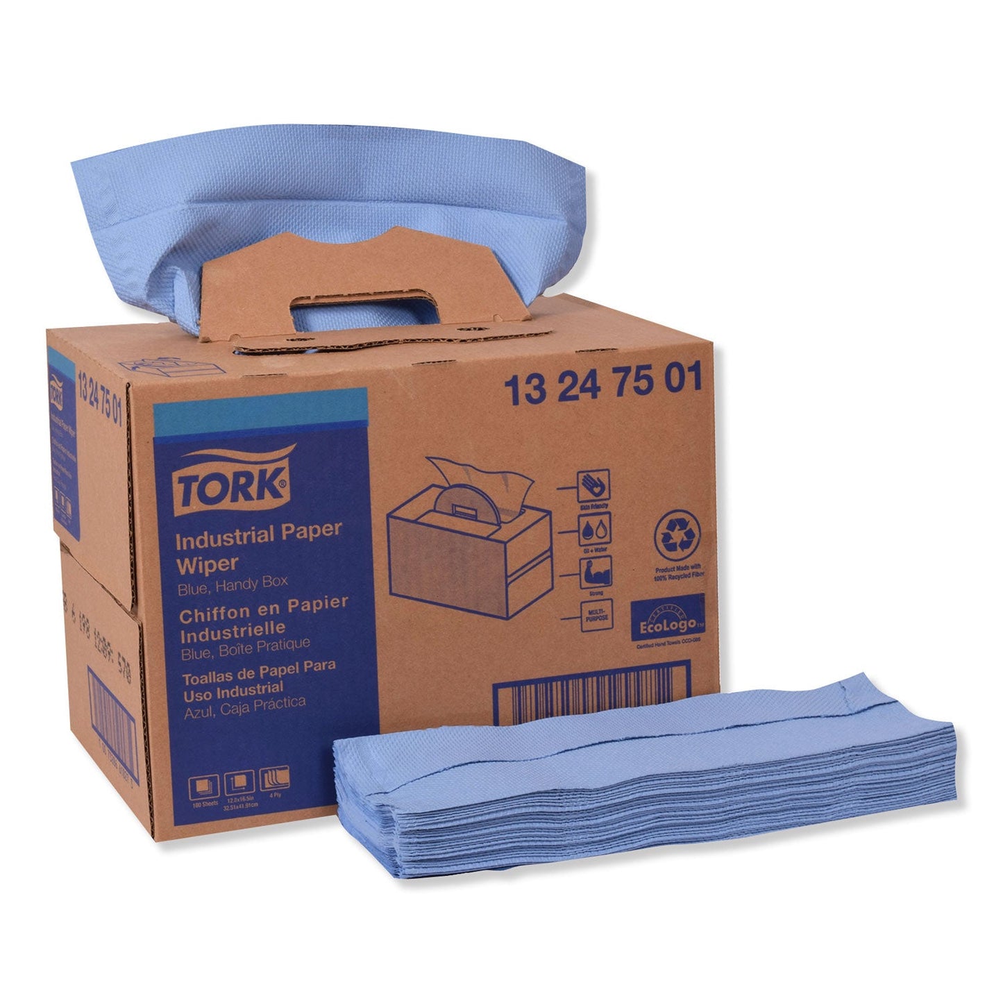 TRK13247501 Industrial Paper Wiper, 4-Ply, 12.8 x 16.5, Unscented, Blue, 180/Carton Tork