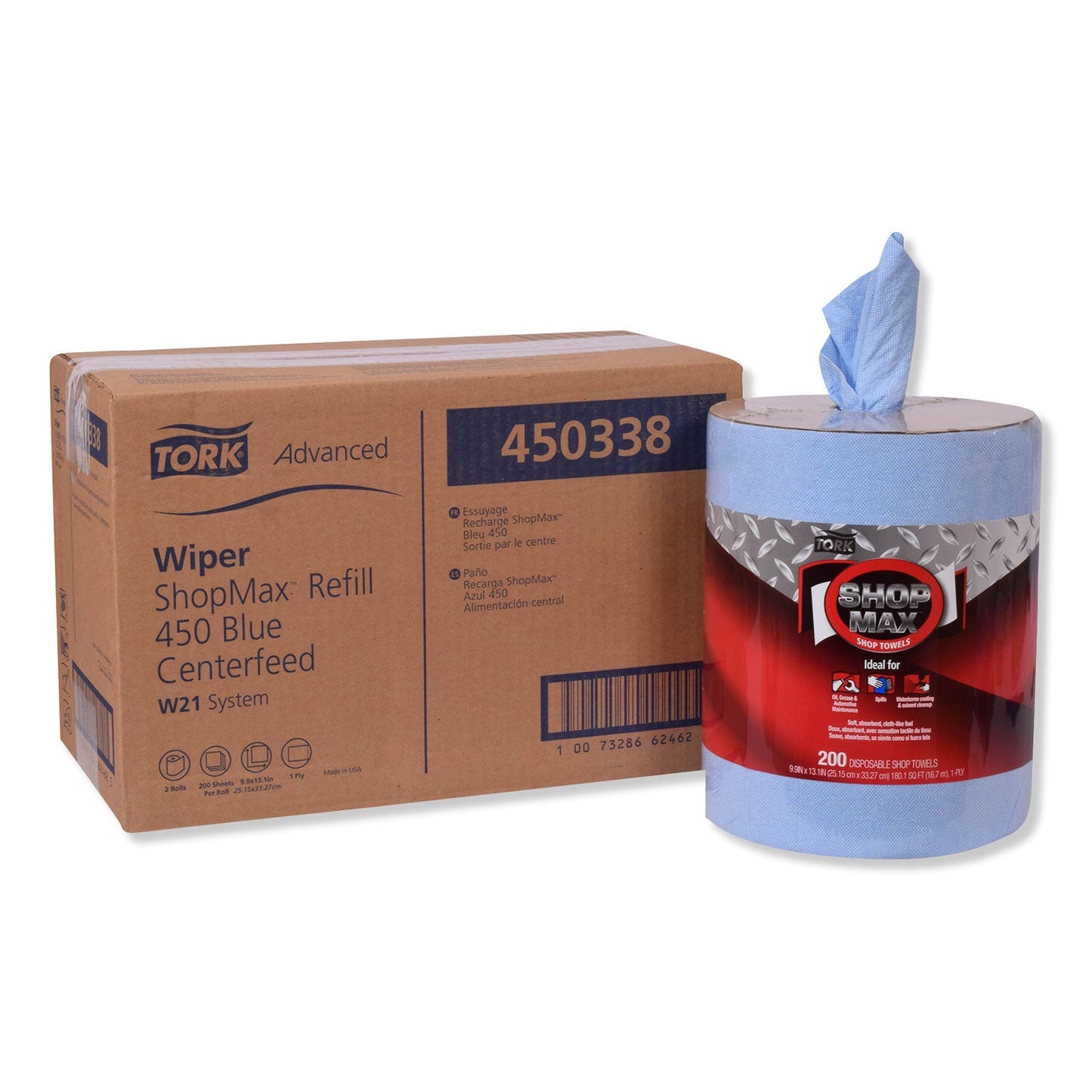 TRK450338 Advanced ShopMax Wiper 450, Centerfeed Refill, 9.9 x 13.1, Blue, 200/Roll, 2 Rolls/Carton Tork