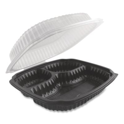 ANZ4699931 Culinary Lites Microwavable 3-Compartment Container, 20 oz/5 oz/5 oz, 9 x 9 x 3.13, Clear/Black, Plastic, 100/Carton