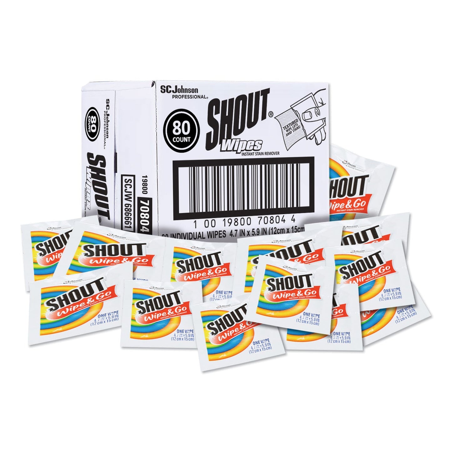 SJN686661 Wipe and Go Instant Stain Remover, 4.7 x 5.9, Unscented, White, 80 Packets/Carton Shout